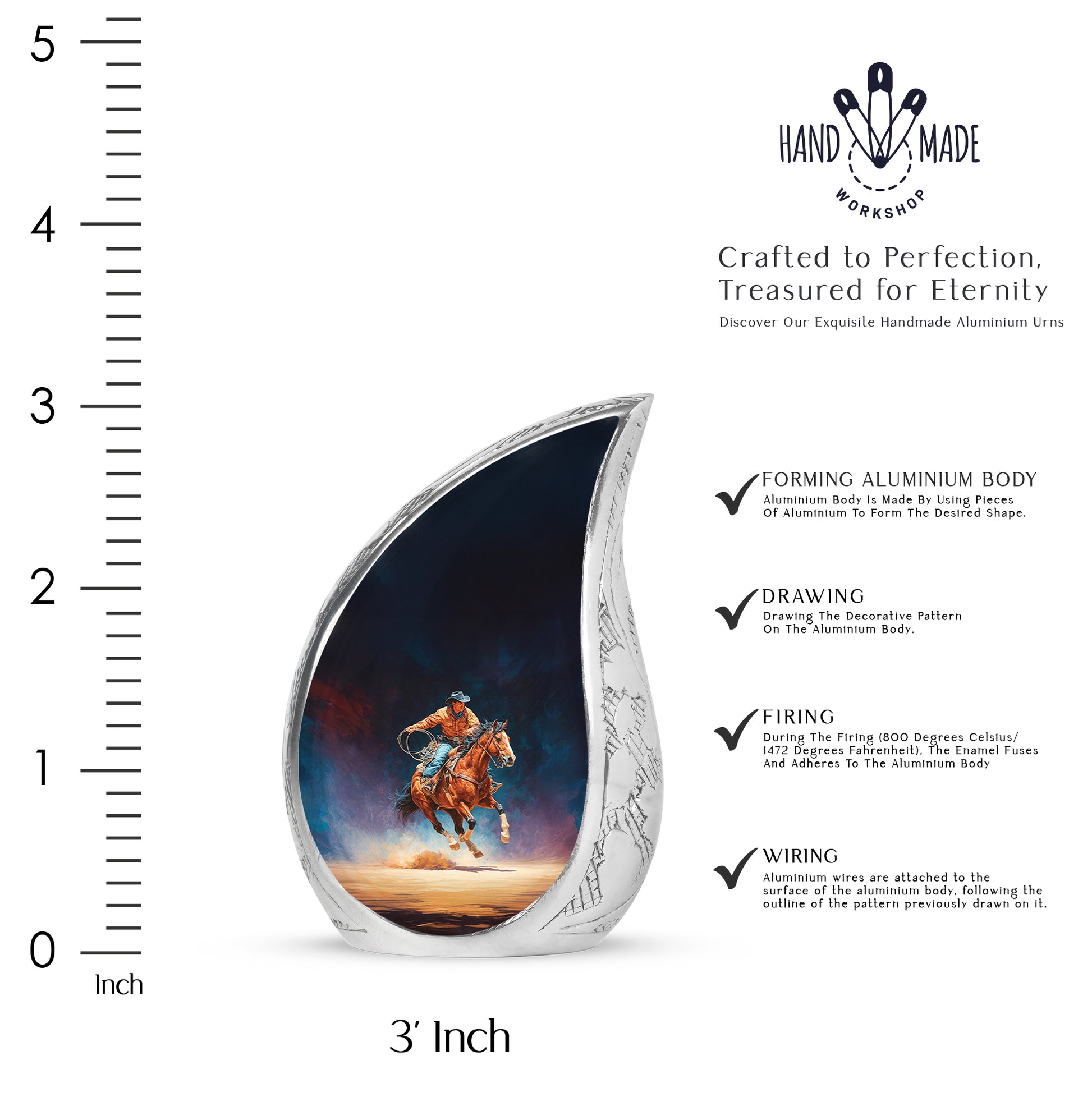 Ebony Cowboy Cremation Urn angled view of lid and engraved motif - flowing teardrop cowboy silhouette on curved aluminum - mini keepsake memorial for portion of cremation ashes
