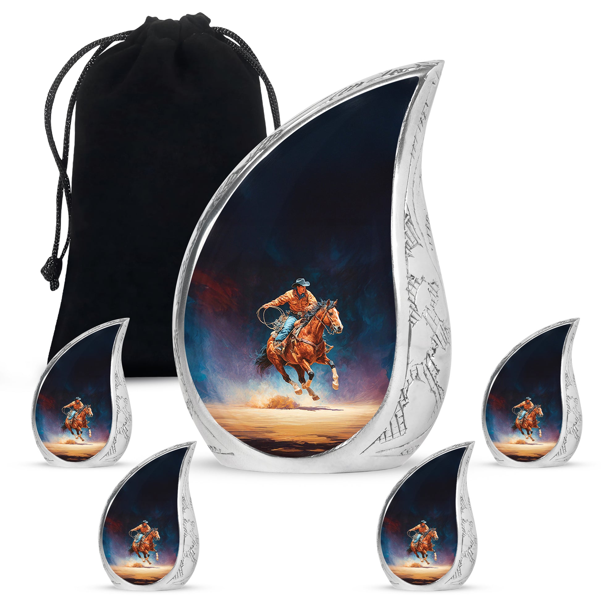 Glossy Black Cowboy Cremation Urn side profile showing urn shape - flowing teardrop cowboy silhouette on curved aluminum - memorial set with one large and four small urns