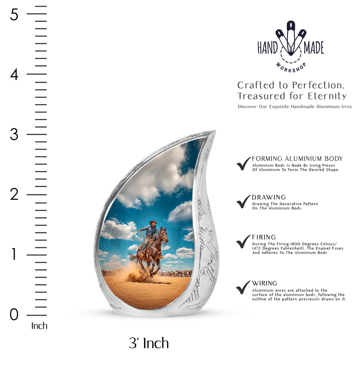 Azure Cowboy Cremation Urn angled view of lid and engraved motif - flowing teardrop cowboy silhouette on curved aluminum - mini keepsake memorial for portion of cremation ashes