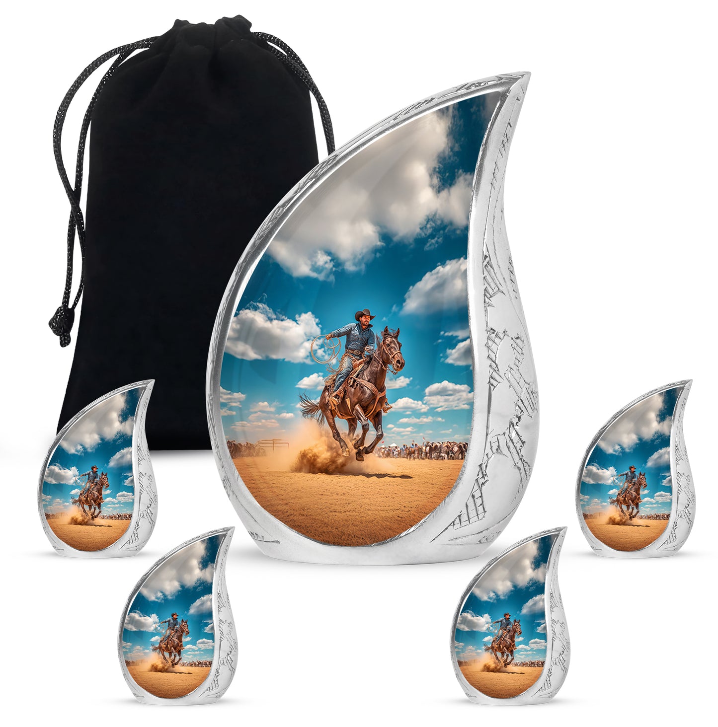 Steel Blue Cowboy Cremation Urn side profile showing urn shape - smooth teardrop contour featuring cowboy art - memorial set with one large and four small urns