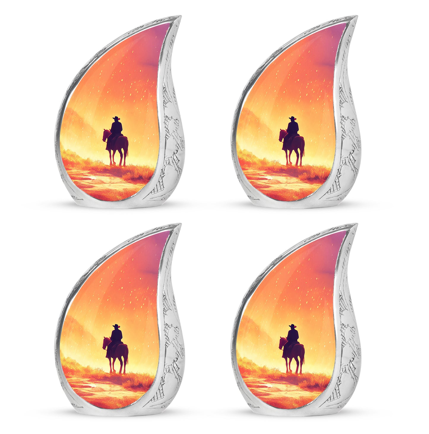 Burnished Gold Cowboy Cremation Urn close-up of engraving and surface detail - smooth teardrop contour featuring cowboy art - 10 inch aluminum urn for cremated remains