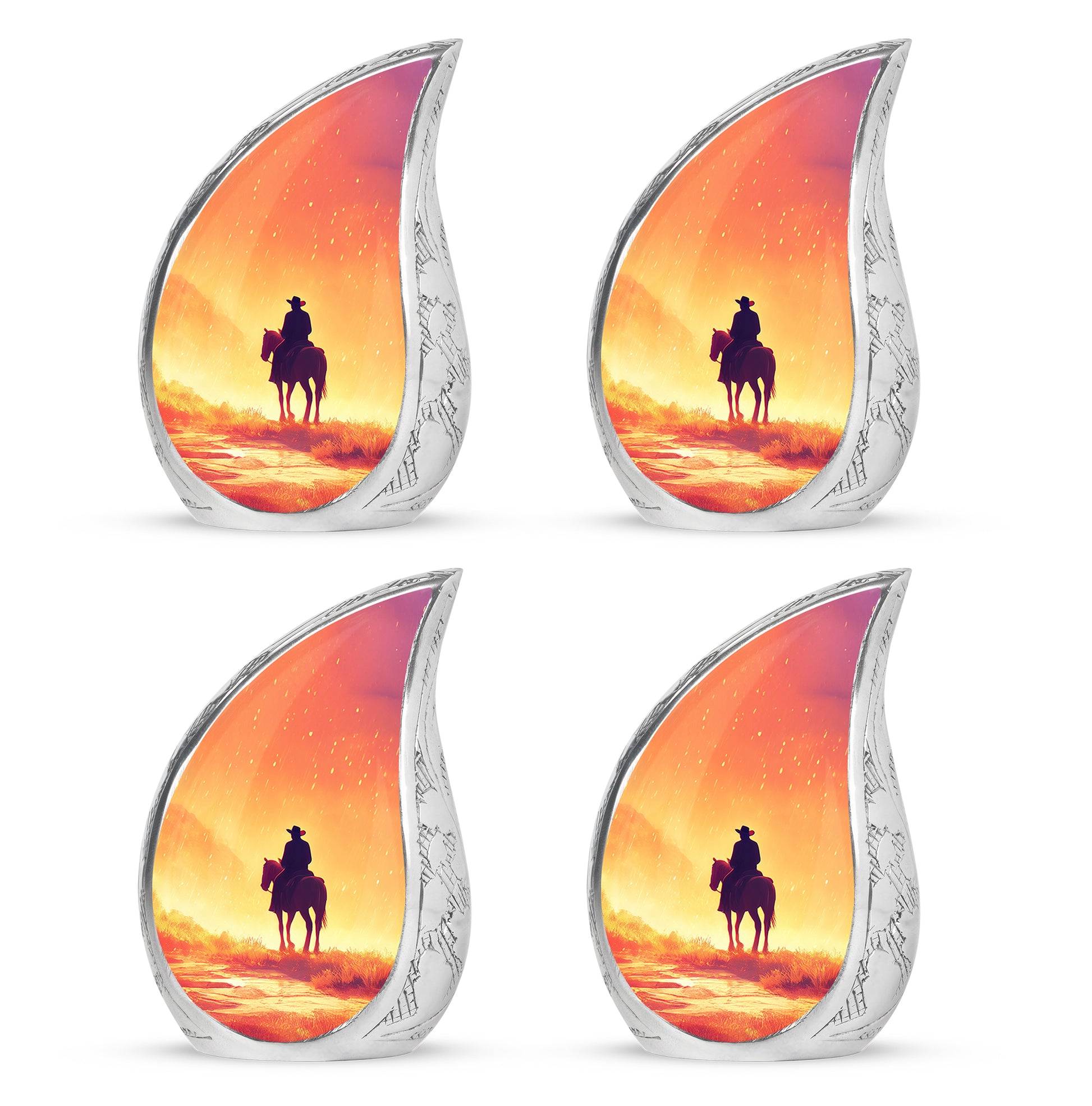 Burnished Gold Cowboy Cremation Urn close-up of engraving and surface detail - smooth teardrop contour featuring cowboy art - 10 inch aluminum urn for cremated remains