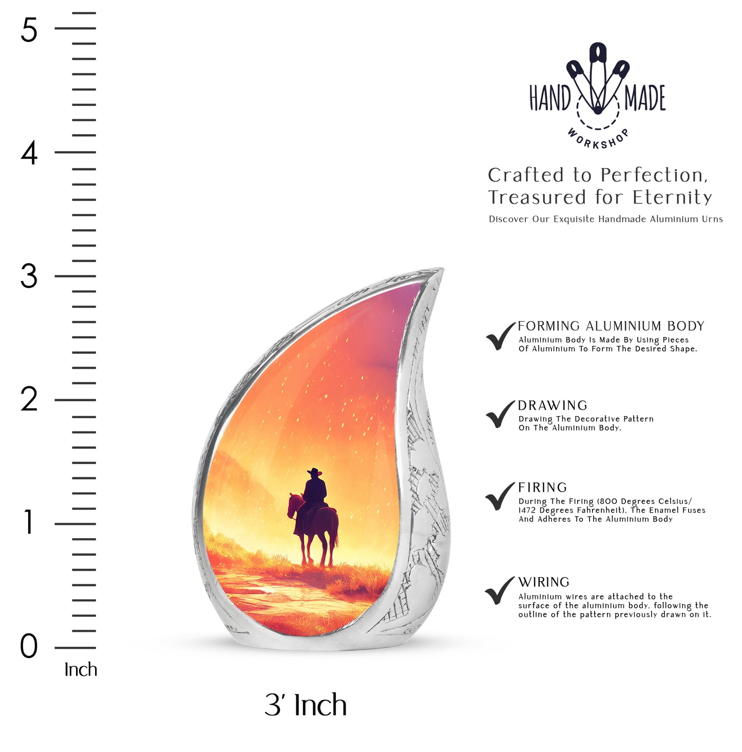 Gilded Gold Cowboy Cremation Urn angled view of lid and engraved motif - rounded teardrop cowboy design with delicate detail - mini keepsake memorial for portion of cremation ashes