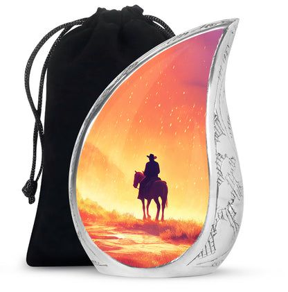 Antique Gold Cowboy Cremation Urn front view showing detailed design - flowing teardrop cowboy silhouette on curved aluminum - full-size 10 inch 200 cubic inch adult cremation urn