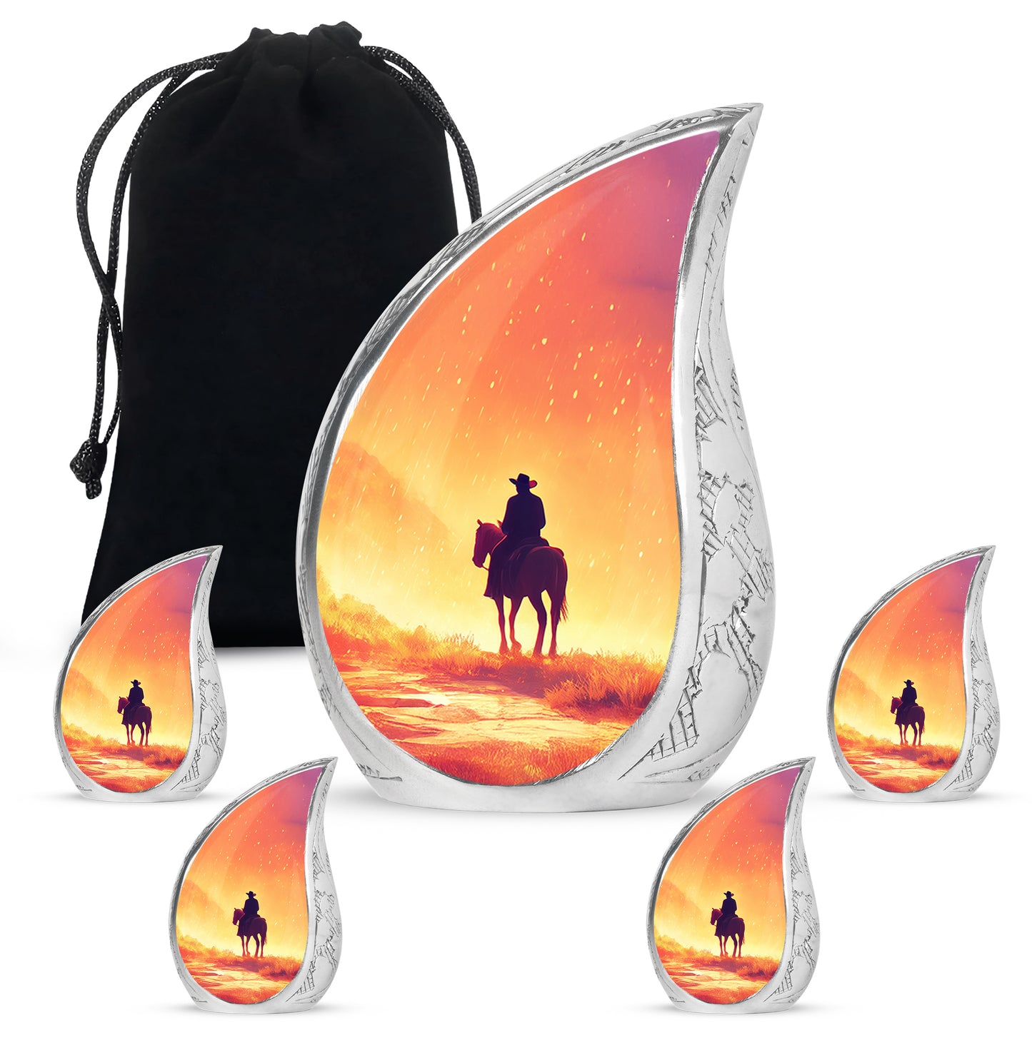 Royal Gold Cowboy Cremation Urn side profile showing urn shape - graceful tear-shaped urn with cowboy motif - memorial set with one large and four small urns