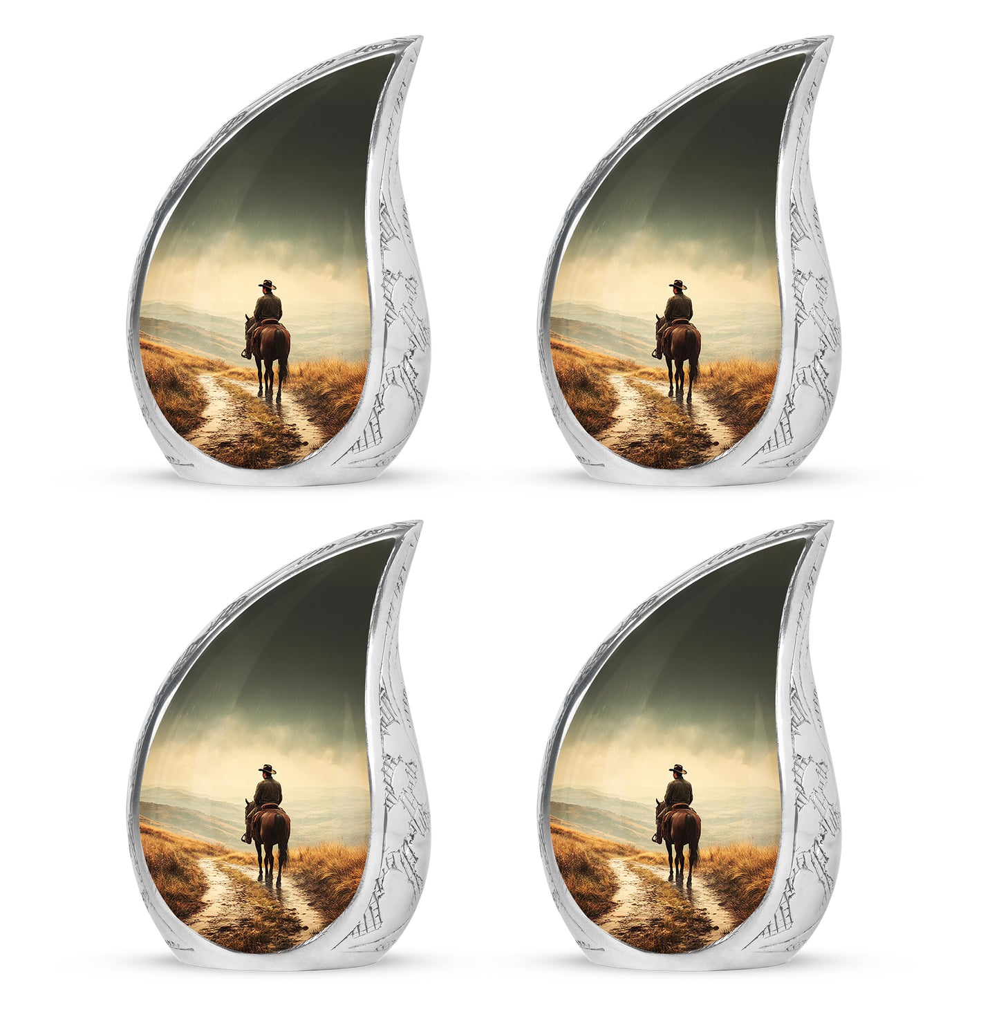 Lemon Yellow Cowboy Cremation Urn close-up of engraving and surface detail - graceful tear-shaped urn with cowboy motif - 10 inch aluminum urn for cremated remains
