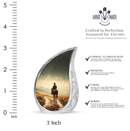 Warm Yellow Cowboy Cremation Urn angled view of lid and engraved motif - rounded teardrop cowboy design with delicate detail - mini keepsake memorial for portion of cremation ashes