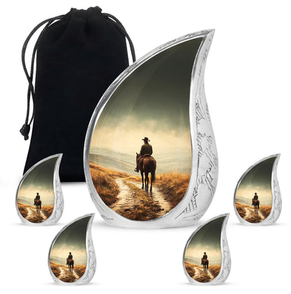 Golden Yellow Cowboy Cremation Urn side profile showing urn shape - rounded teardrop cowboy design with delicate detail - memorial set with one large and four small urns