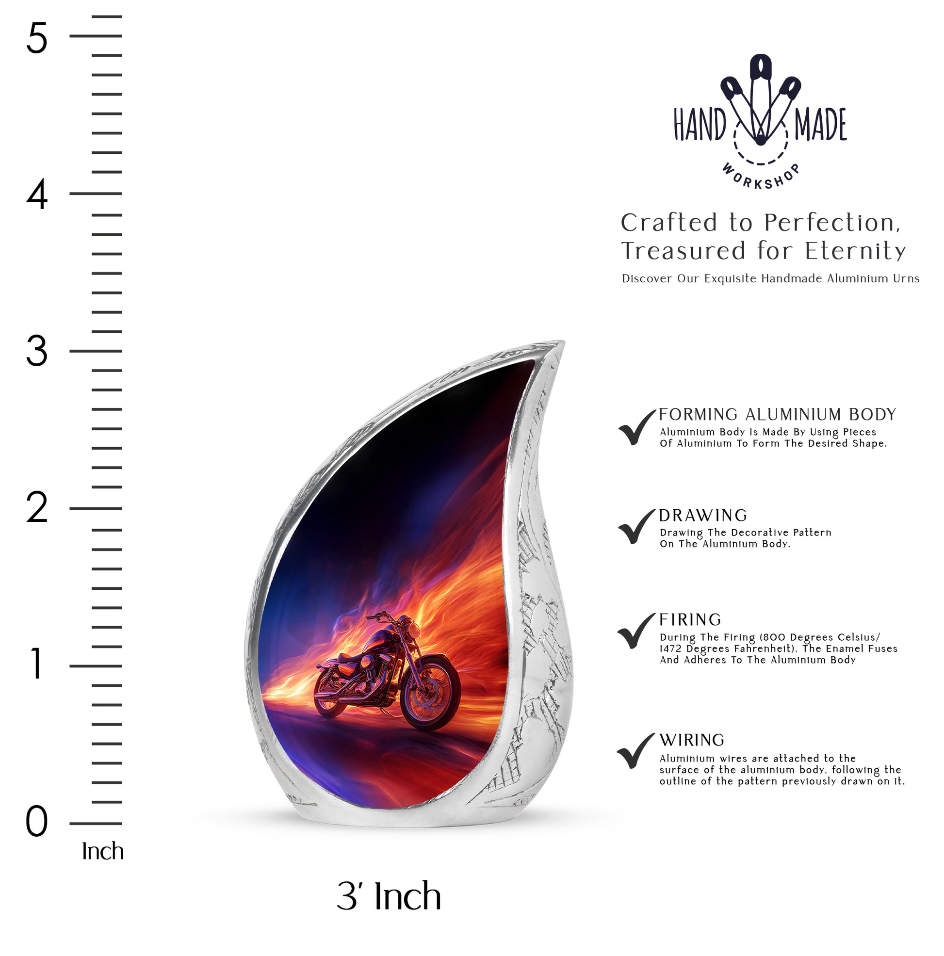 Misty Blue Bike Cremation Urn angled view of lid and engraved motif - flowing teardrop bike silhouette on curved aluminum - mini keepsake memorial for portion of cremation ashes