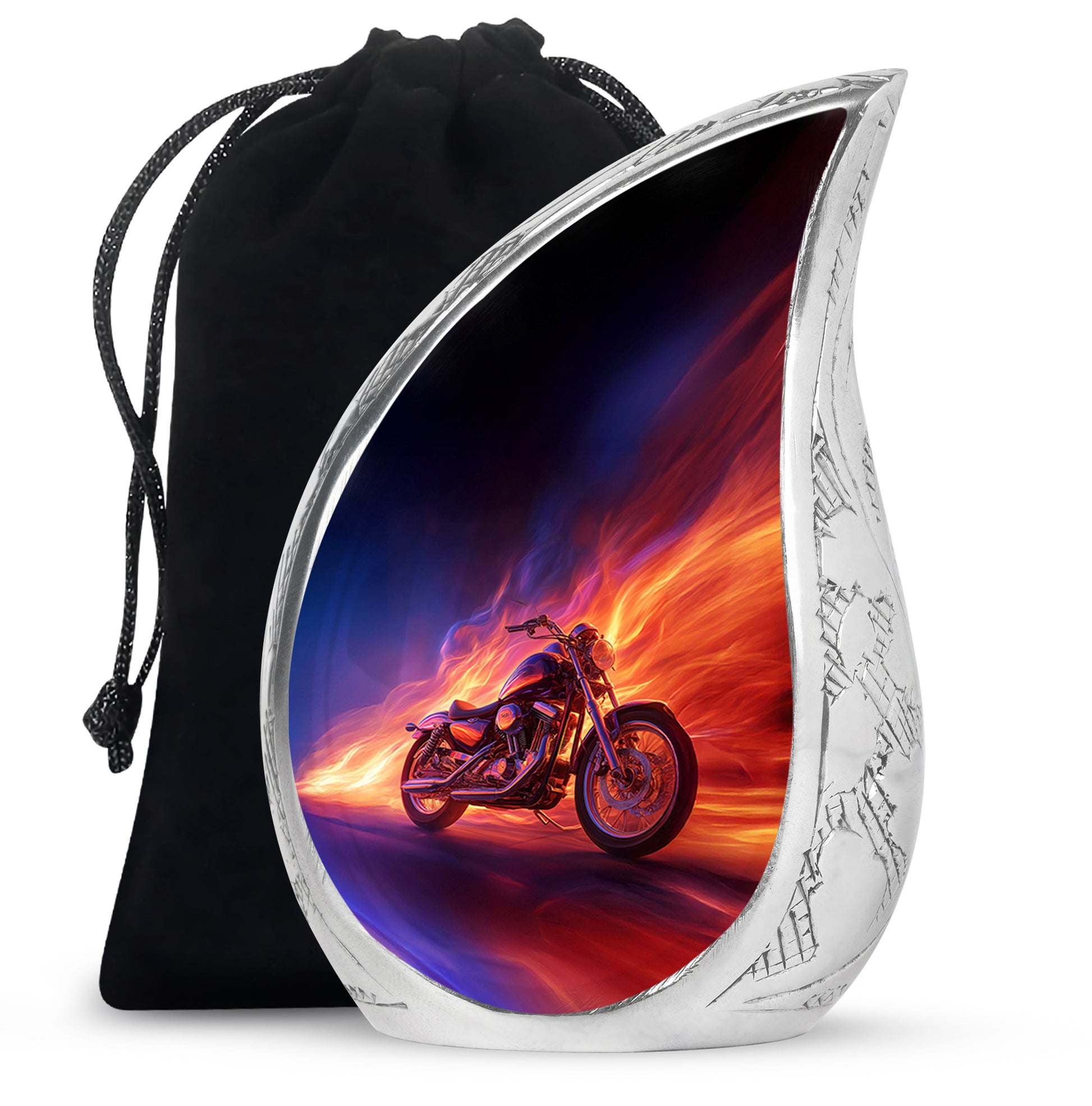 Pastel Blue Bike Cremation Urn front view showing detailed design - flowing teardrop bike silhouette on curved aluminum - full-size 10 inch 200 cubic inch adult cremation urn