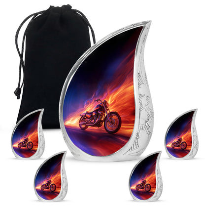 Cornflower Blue Bike Cremation Urn side profile showing urn shape - graceful tear-shaped urn with bike motif - memorial set with one large and four small urns