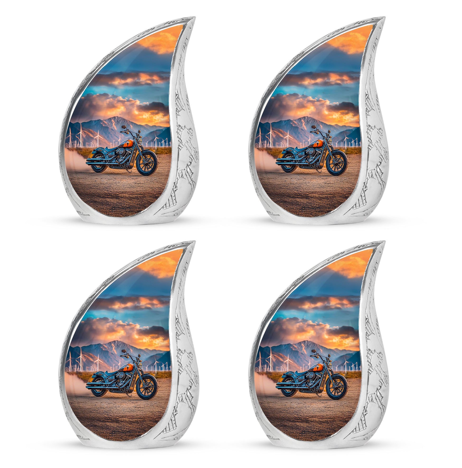 Ocean Teal Bike Cremation Urn close-up of engraving and surface detail - rounded teardrop bike design with delicate detail - 10 inch aluminum urn for cremated remains