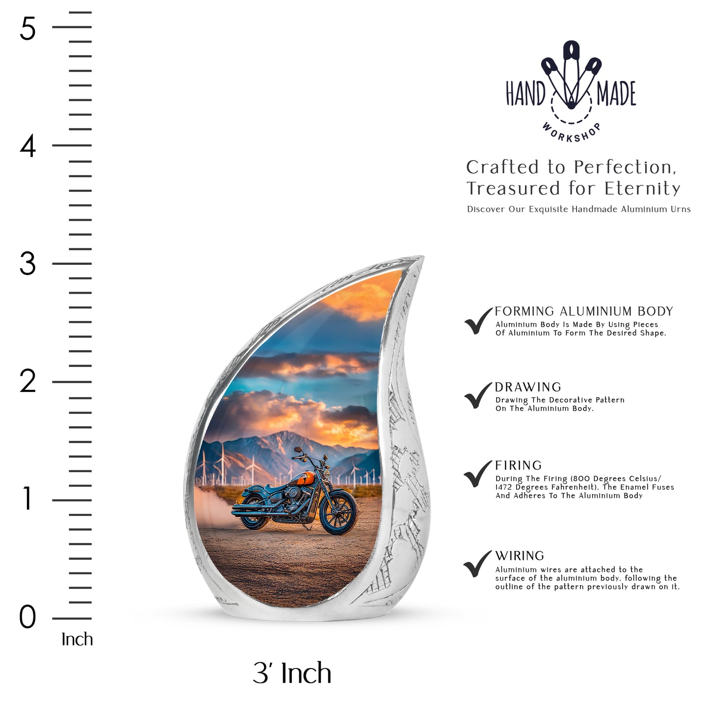 Sea Green Teal Bike Cremation Urn angled view of lid and engraved motif - flowing teardrop bike silhouette on curved aluminum - mini keepsake memorial for portion of cremation ashes