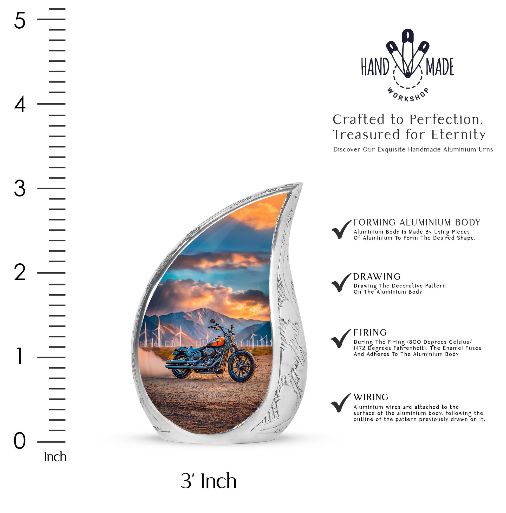 Sea Green Teal Bike Cremation Urn angled view of lid and engraved motif - flowing teardrop bike silhouette on curved aluminum - mini keepsake memorial for portion of cremation ashes