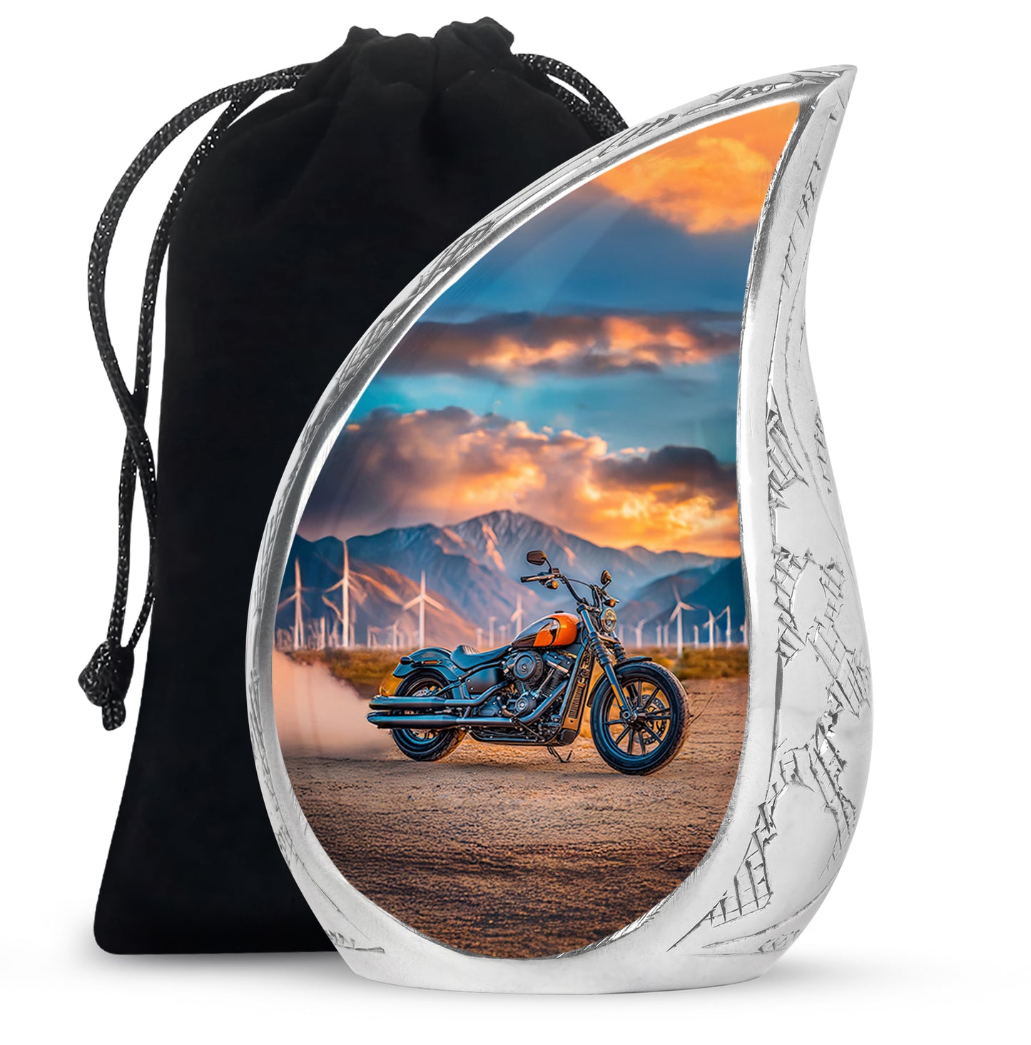 Aqua Teal Bike Cremation Urn front view showing detailed design - graceful tear-shaped urn with bike motif - full-size 10 inch 200 cubic inch adult cremation urn