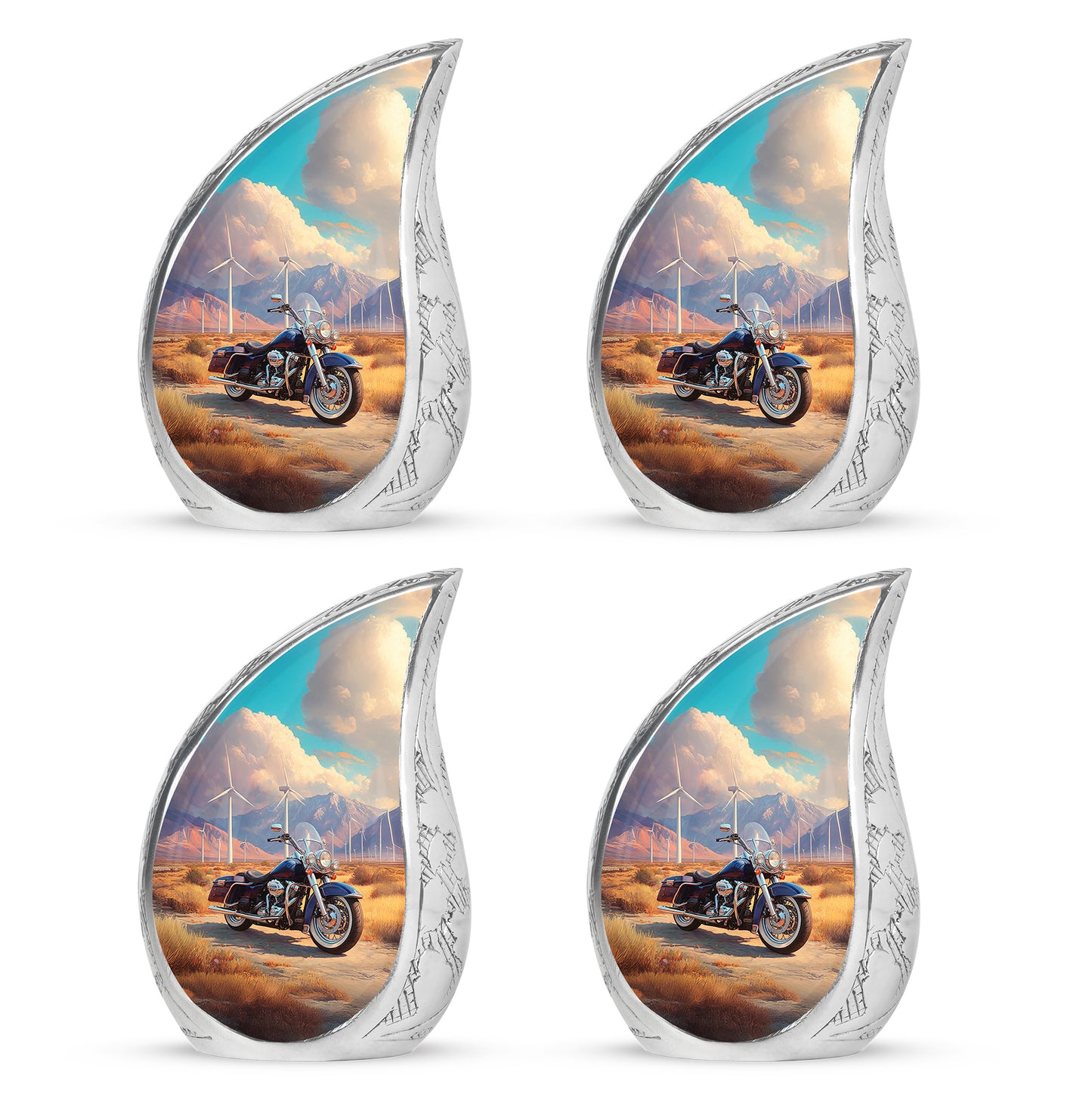 Amber Gold Bike Cremation Urn close-up of engraving and surface detail - flowing teardrop bike silhouette on curved aluminum - 10 inch aluminum urn for cremated remains