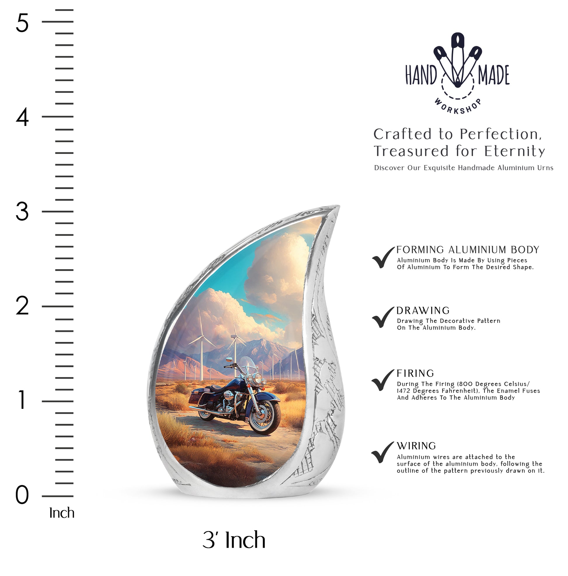 Royal Gold Bike Cremation Urn angled view of lid and engraved motif - smooth teardrop contour featuring bike art - mini keepsake memorial for portion of cremation ashes