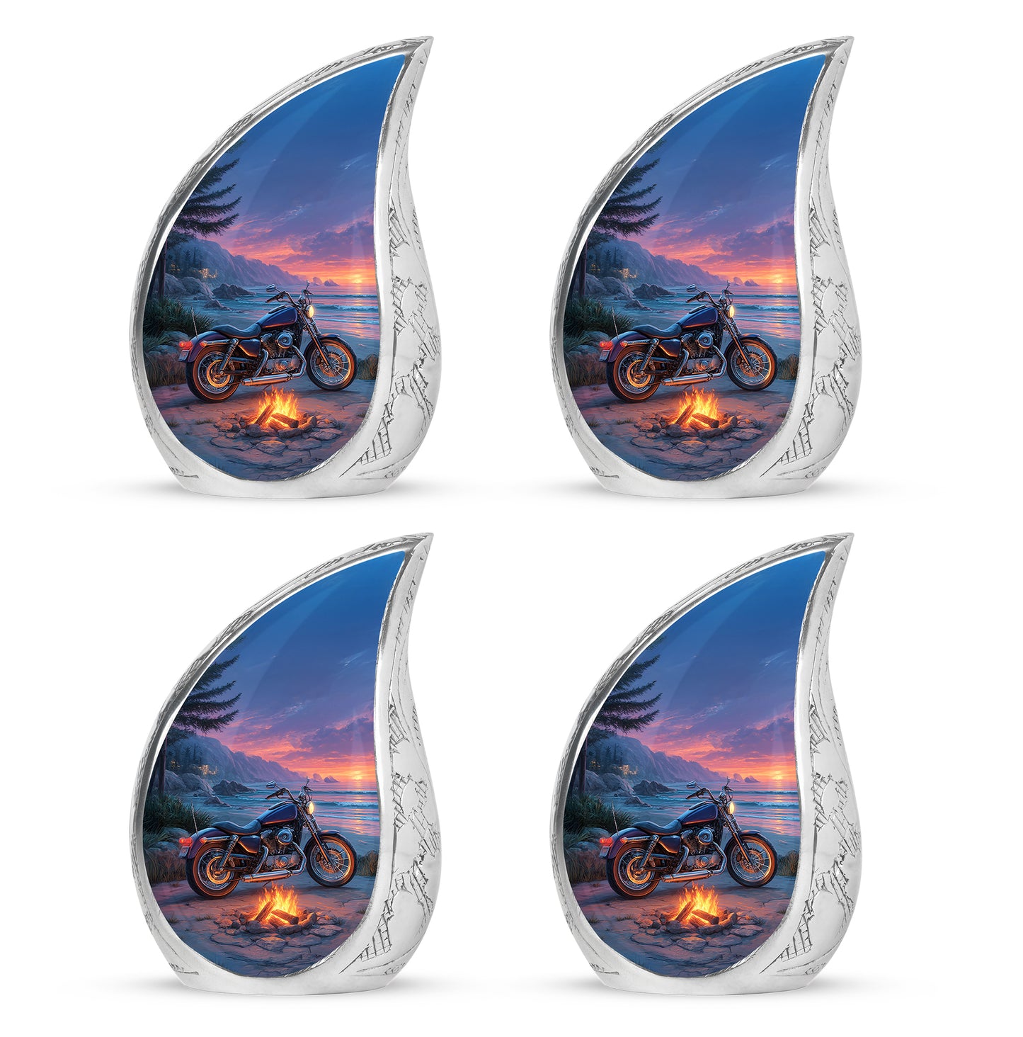 Bright Blue Bike Cremation Urn close-up of engraving and surface detail - graceful tear-shaped urn with bike motif - 10 inch aluminum urn for cremated remains