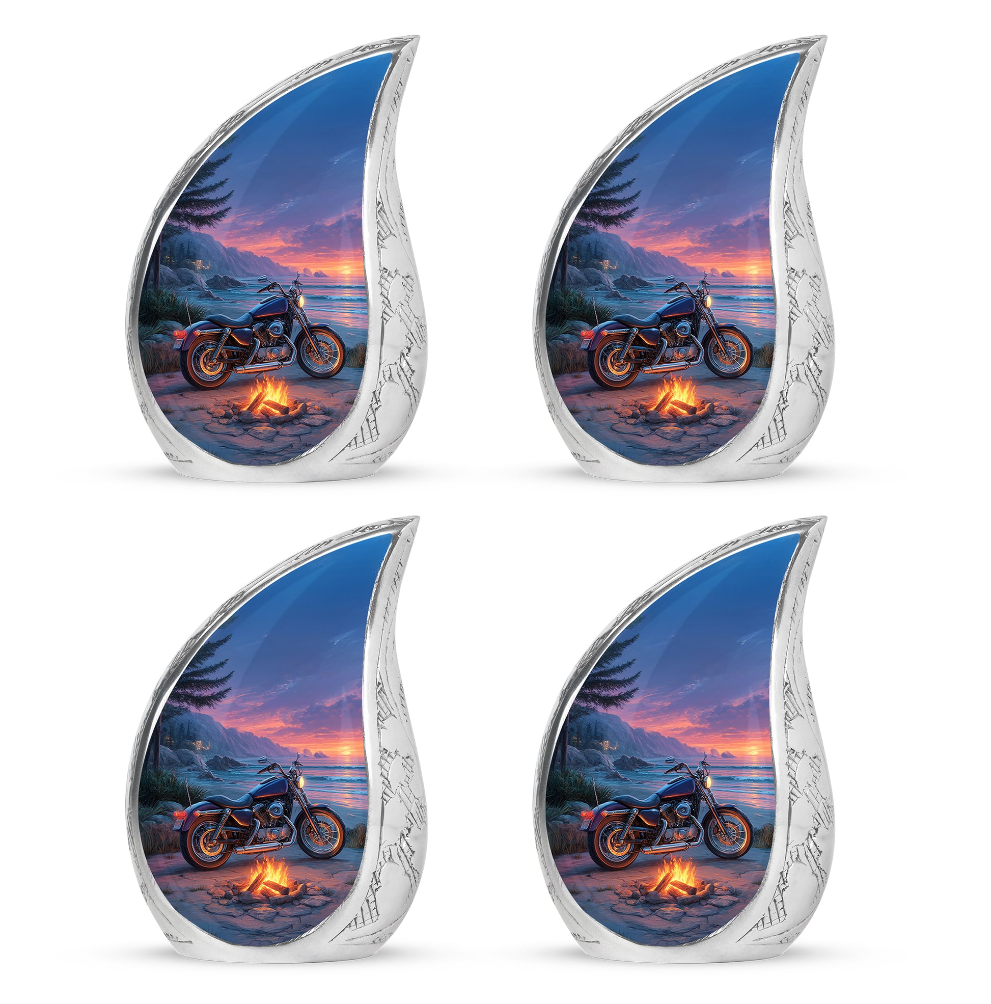 Bright Blue Bike Cremation Urn close-up of engraving and surface detail - graceful tear-shaped urn with bike motif - 10 inch aluminum urn for cremated remains