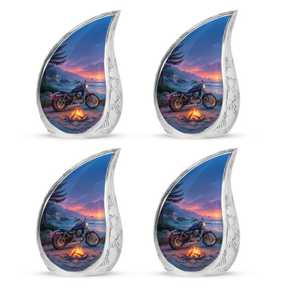 Bright Blue Bike Cremation Urn close-up of engraving and surface detail - graceful tear-shaped urn with bike motif - 10 inch aluminum urn for cremated remains