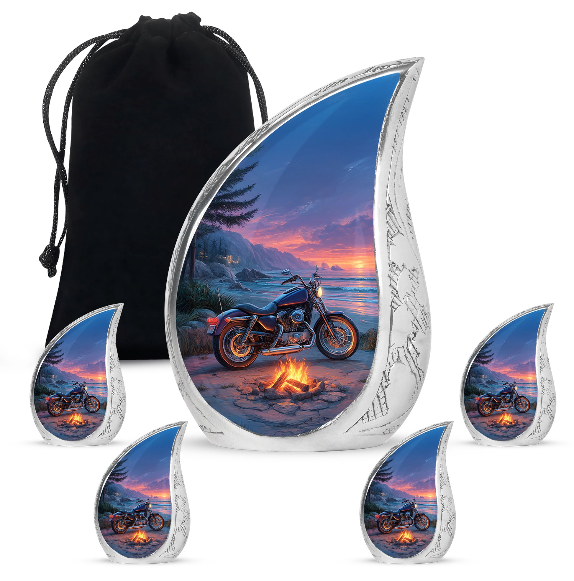 Sky Blue Bike Cremation Urn side profile showing urn shape - flowing teardrop bike silhouette on curved aluminum - memorial set with one large and four small urns