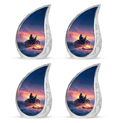 Azure Bike Cremation Urn close-up of engraving and surface detail - flowing teardrop bike silhouette on curved aluminum - 10 inch aluminum urn for cremated remains
