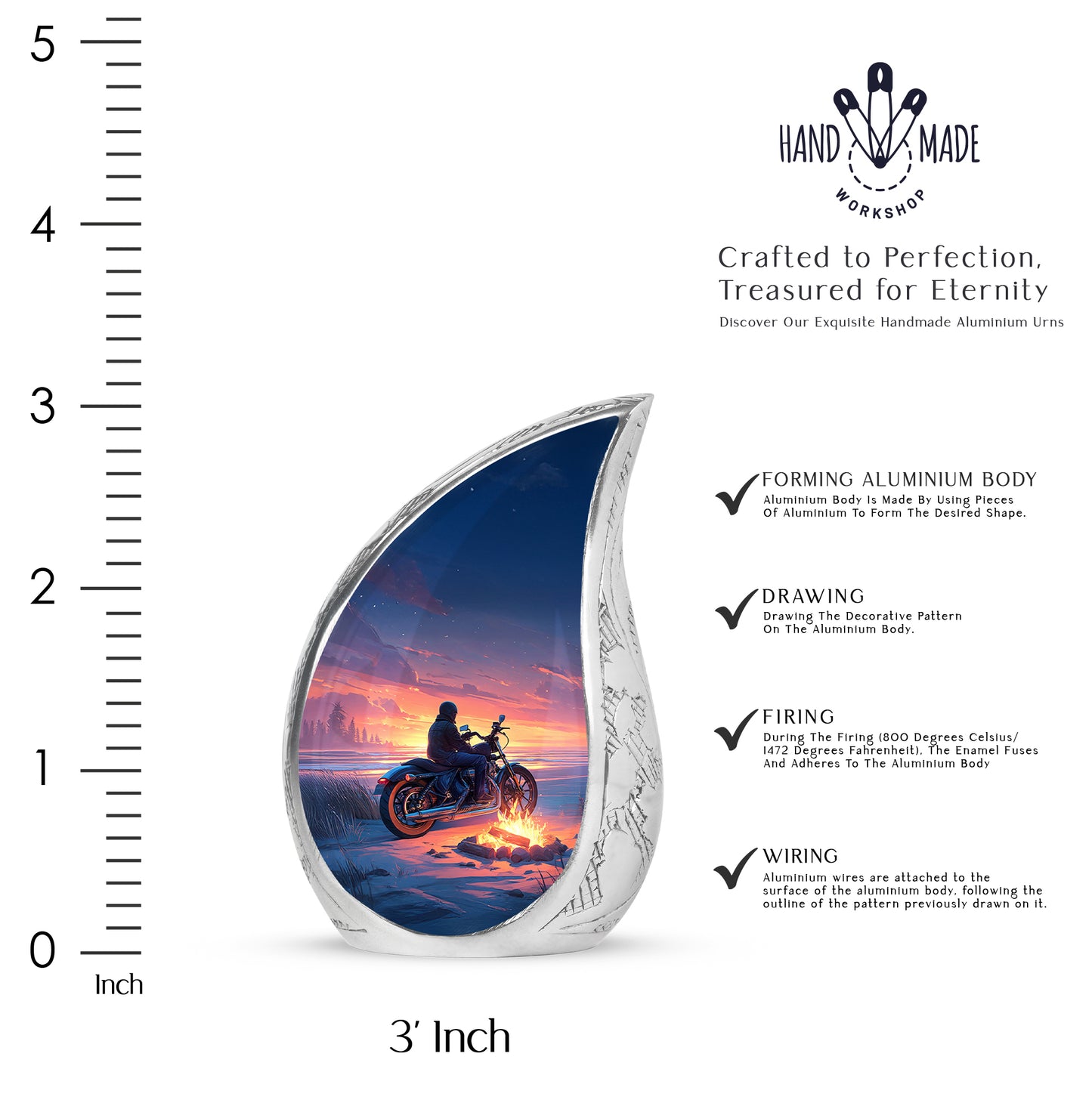 Slate Blue Bike Cremation Urn angled view of lid and engraved motif - rounded teardrop bike design with delicate detail - mini keepsake memorial for portion of cremation ashes