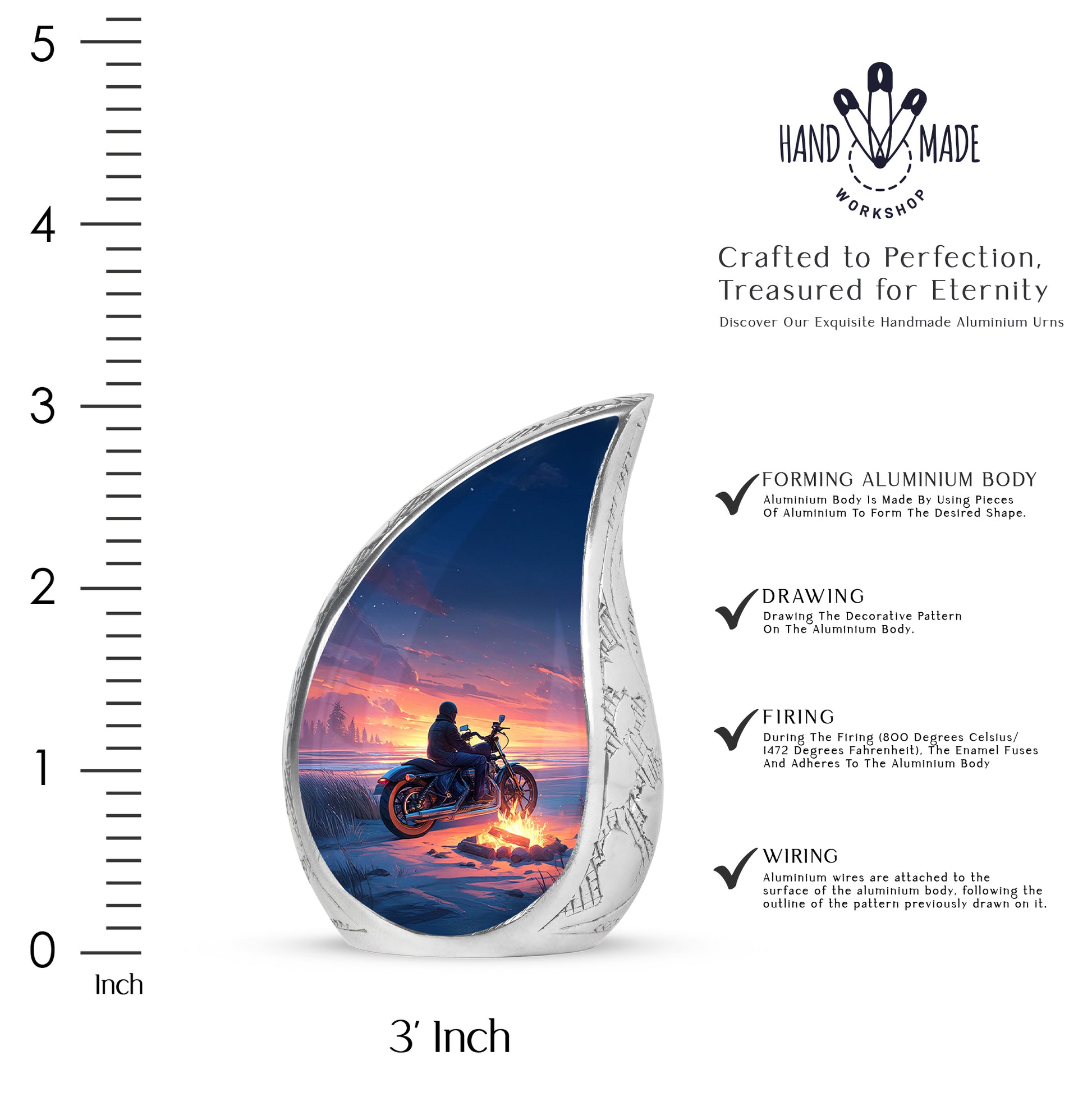 Slate Blue Bike Cremation Urn angled view of lid and engraved motif - rounded teardrop bike design with delicate detail - mini keepsake memorial for portion of cremation ashes