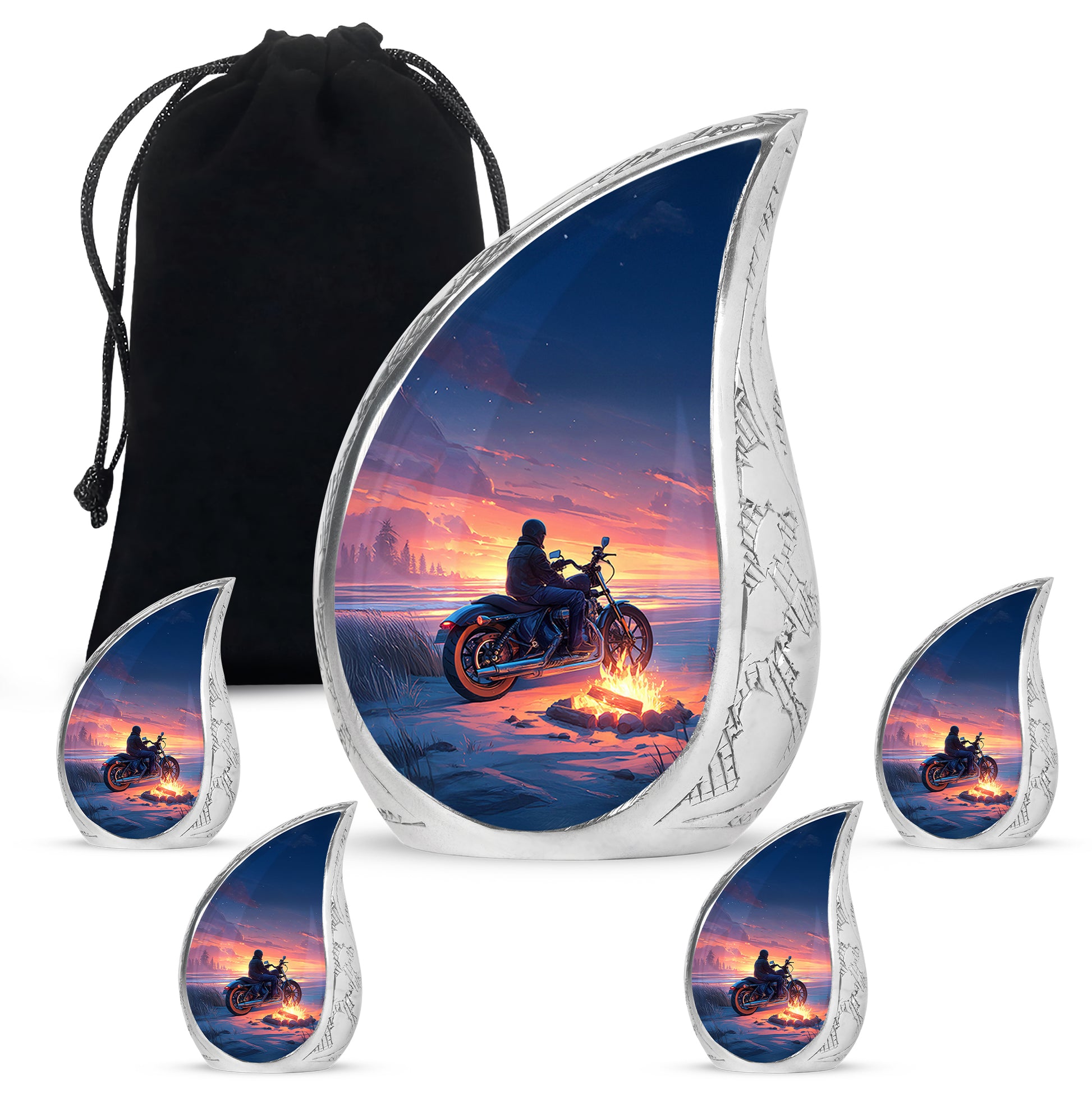 Powder Blue Bike Cremation Urn side profile showing urn shape - flowing teardrop bike silhouette on curved aluminum - memorial set with one large and four small urns