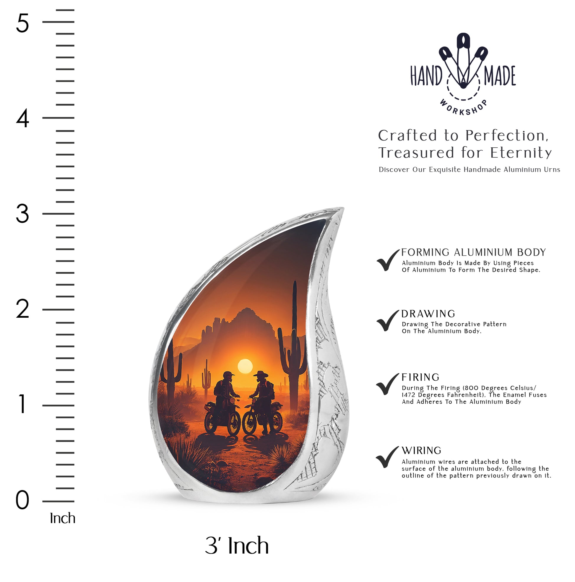 Harvest Gold Bike Cremation Urn angled view of lid and engraved motif - smooth teardrop contour featuring bike art - mini keepsake memorial for portion of cremation ashes
