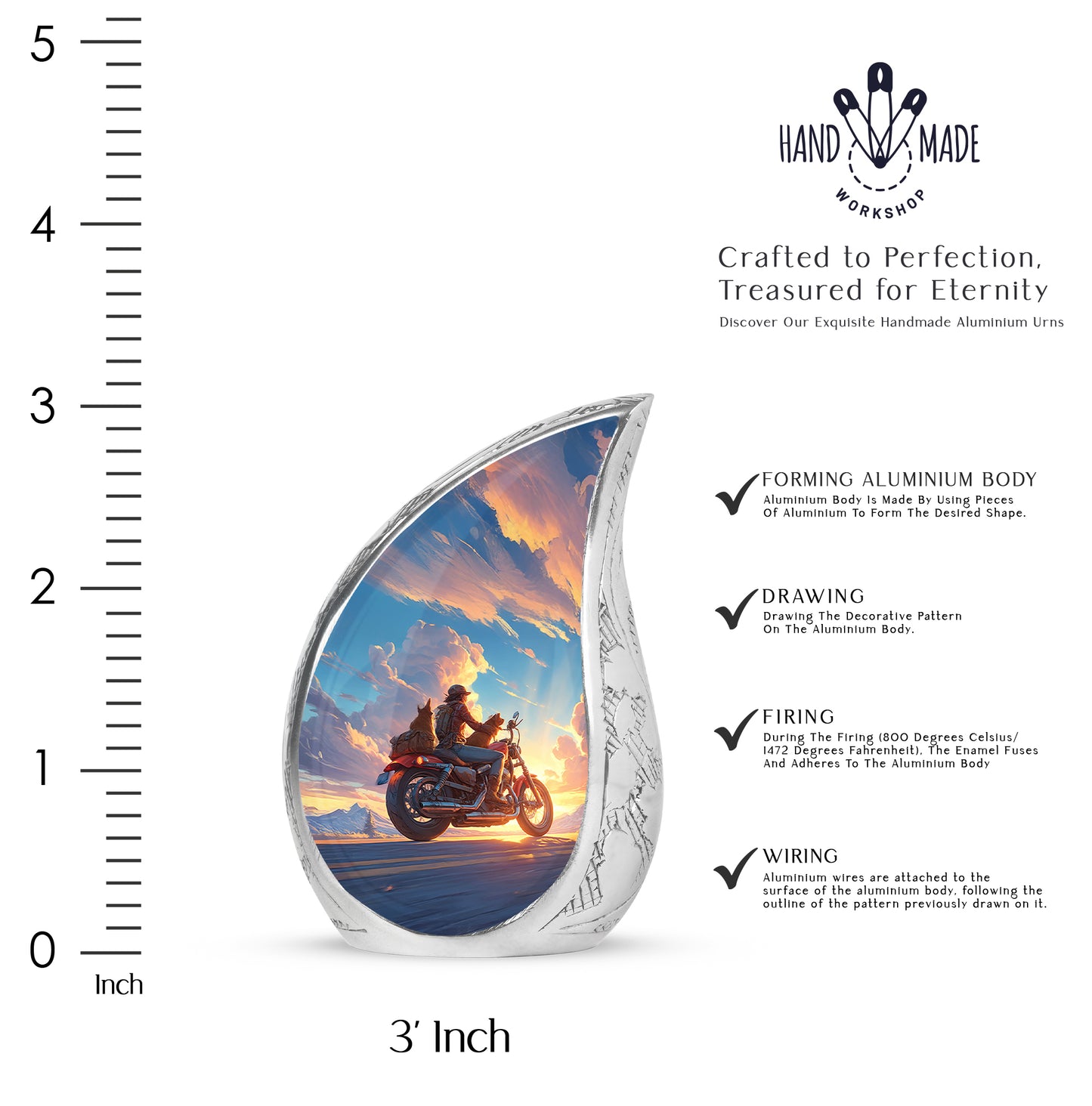 Sky Blue Bike Cremation Urn angled view of lid and engraved motif - rounded teardrop bike design with delicate detail - mini keepsake memorial for portion of cremation ashes