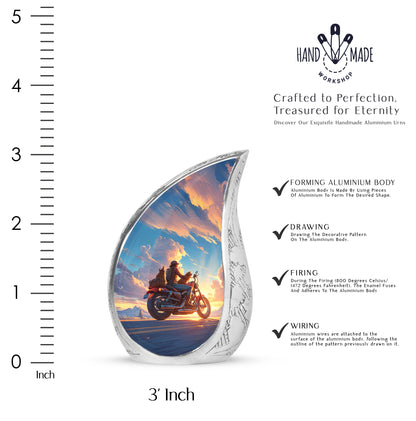 Sky Blue Bike Cremation Urn angled view of lid and engraved motif - rounded teardrop bike design with delicate detail - mini keepsake memorial for portion of cremation ashes