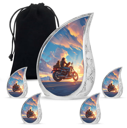 Slate Blue Bike Cremation Urn side profile showing urn shape - rounded teardrop bike design with delicate detail - memorial set with one large and four small urns
