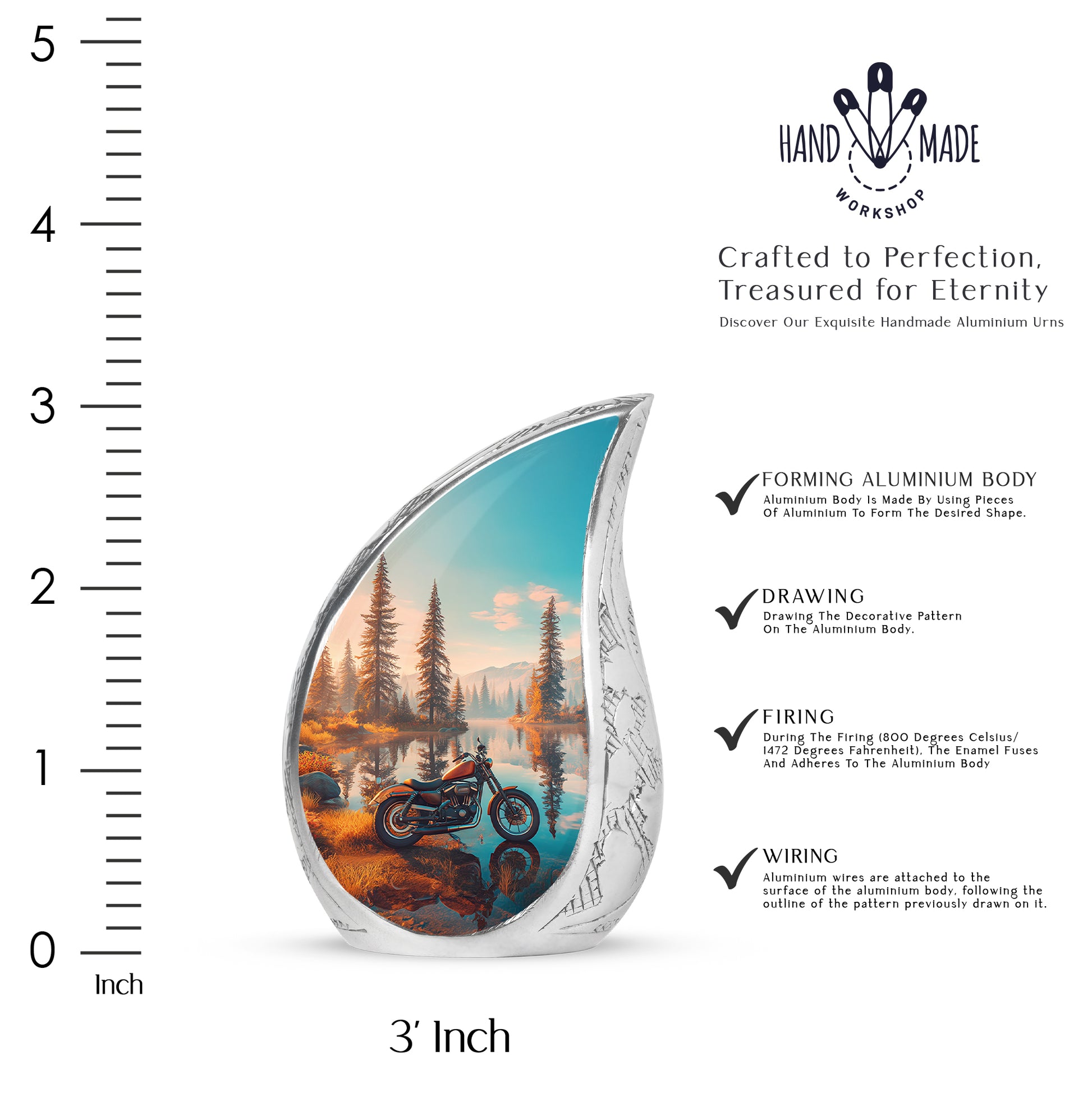 Burnished Gold Bike Cremation Urn angled view of lid and engraved motif - smooth teardrop contour featuring bike art - mini keepsake memorial for portion of cremation ashes