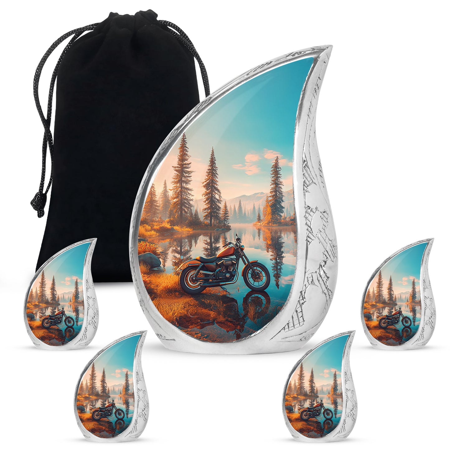Burnished Gold Bike Cremation Urn side profile showing urn shape - graceful tear-shaped urn with bike motif - memorial set with one large and four small urns