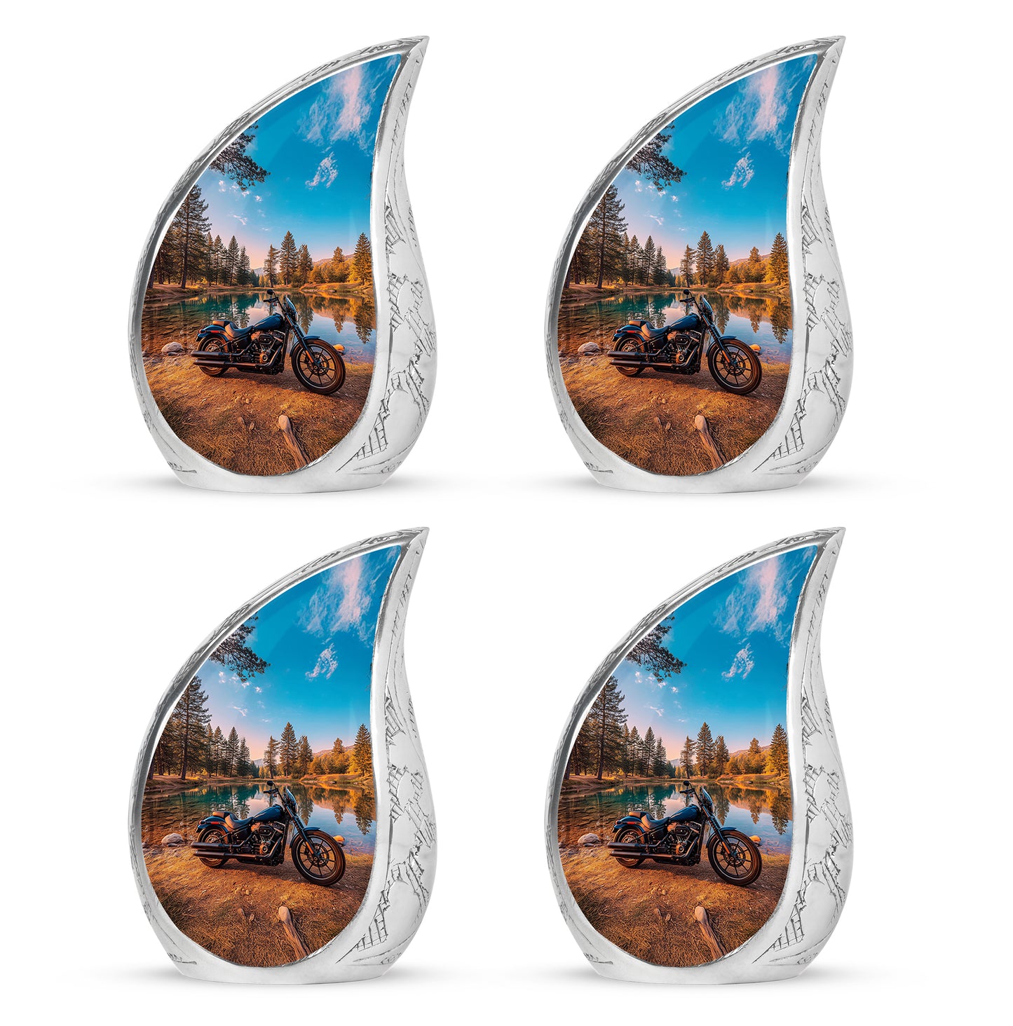 Jewel Teal Bike Cremation Urn close-up of engraving and surface detail - rounded teardrop bike design with delicate detail - 10 inch aluminum urn for cremated remains