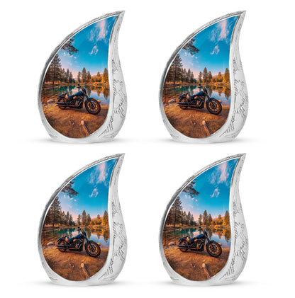 Jewel Teal Bike Cremation Urn close-up of engraving and surface detail - rounded teardrop bike design with delicate detail - 10 inch aluminum urn for cremated remains