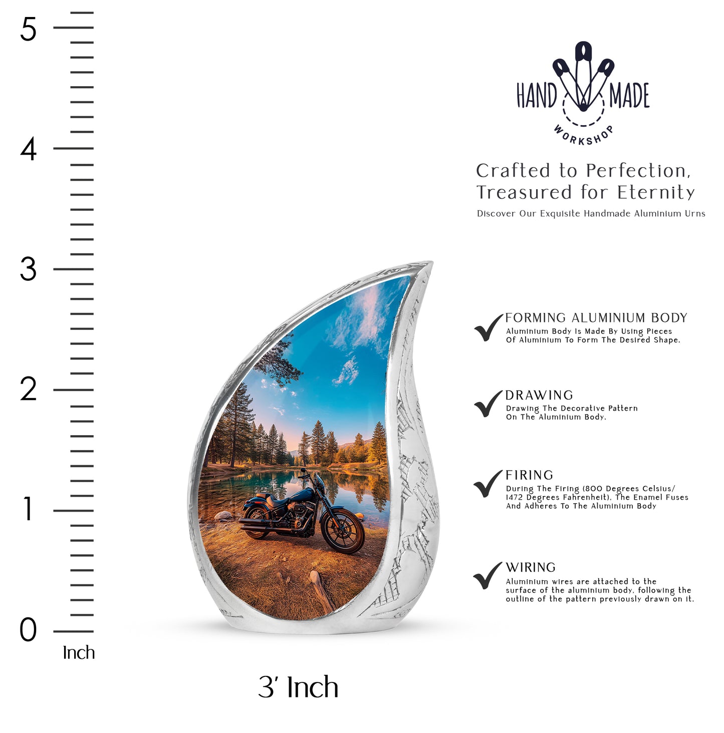 Sea Green Teal Bike Cremation Urn angled view of lid and engraved motif - rounded teardrop bike design with delicate detail - mini keepsake memorial for portion of cremation ashes