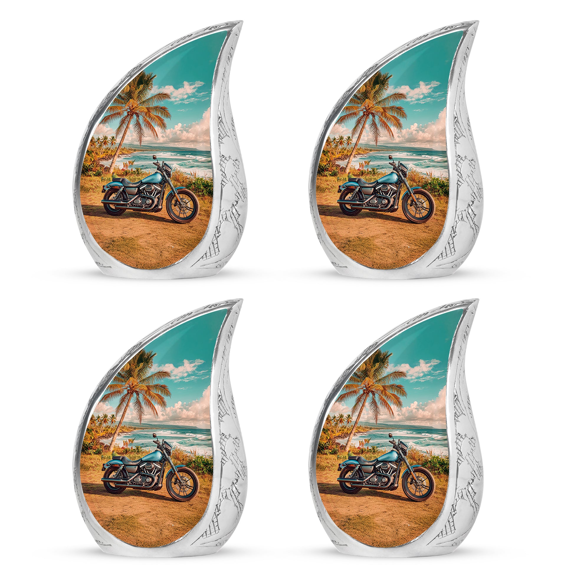 Vivid Teal Bike Cremation Urn close-up of engraving and surface detail - smooth teardrop contour featuring bike art - 10 inch aluminum urn for cremated remains
