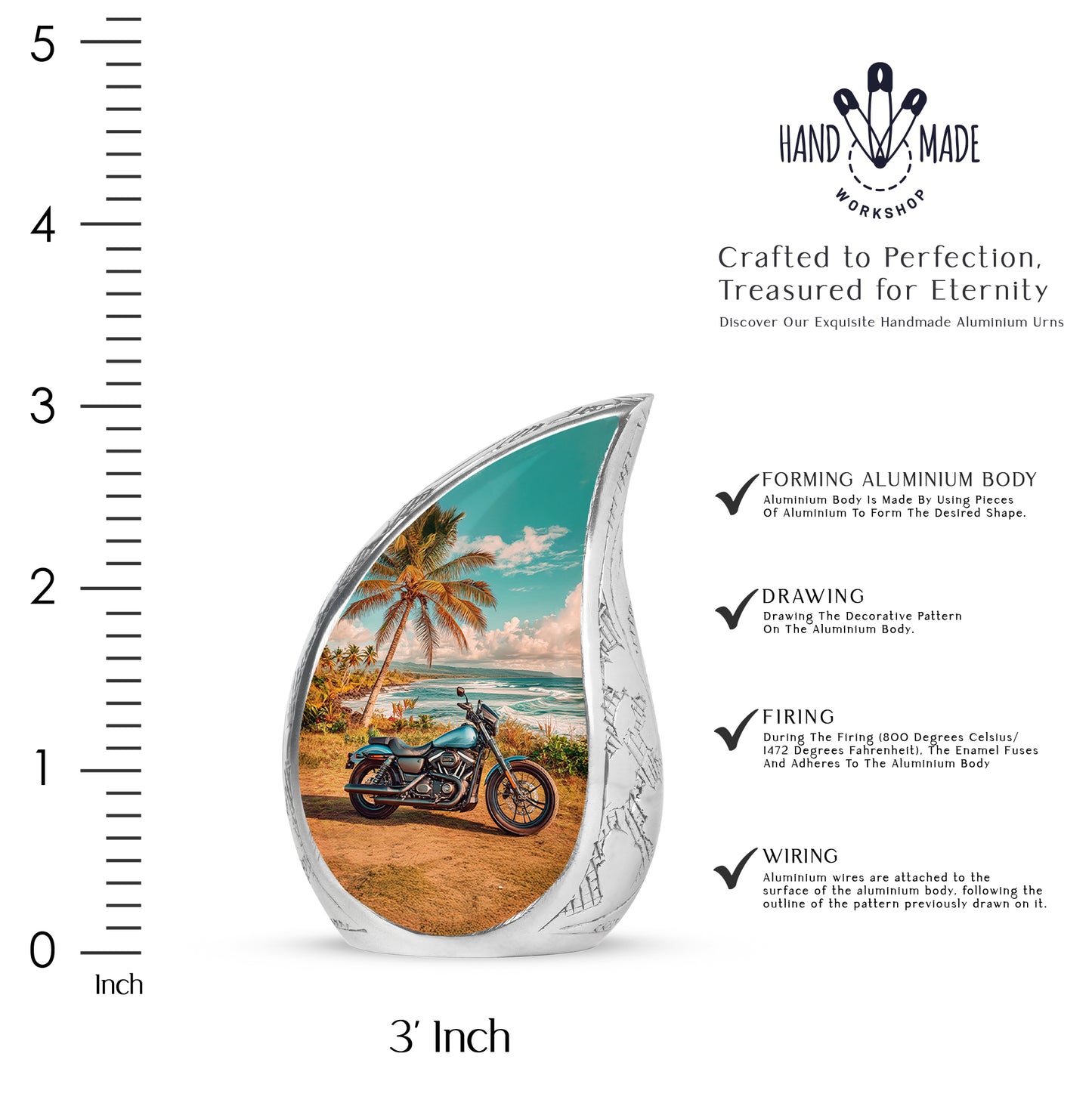 Tropical Teal Bike Cremation Urn angled view of lid and engraved motif - smooth teardrop contour featuring bike art - mini keepsake memorial for portion of cremation ashes