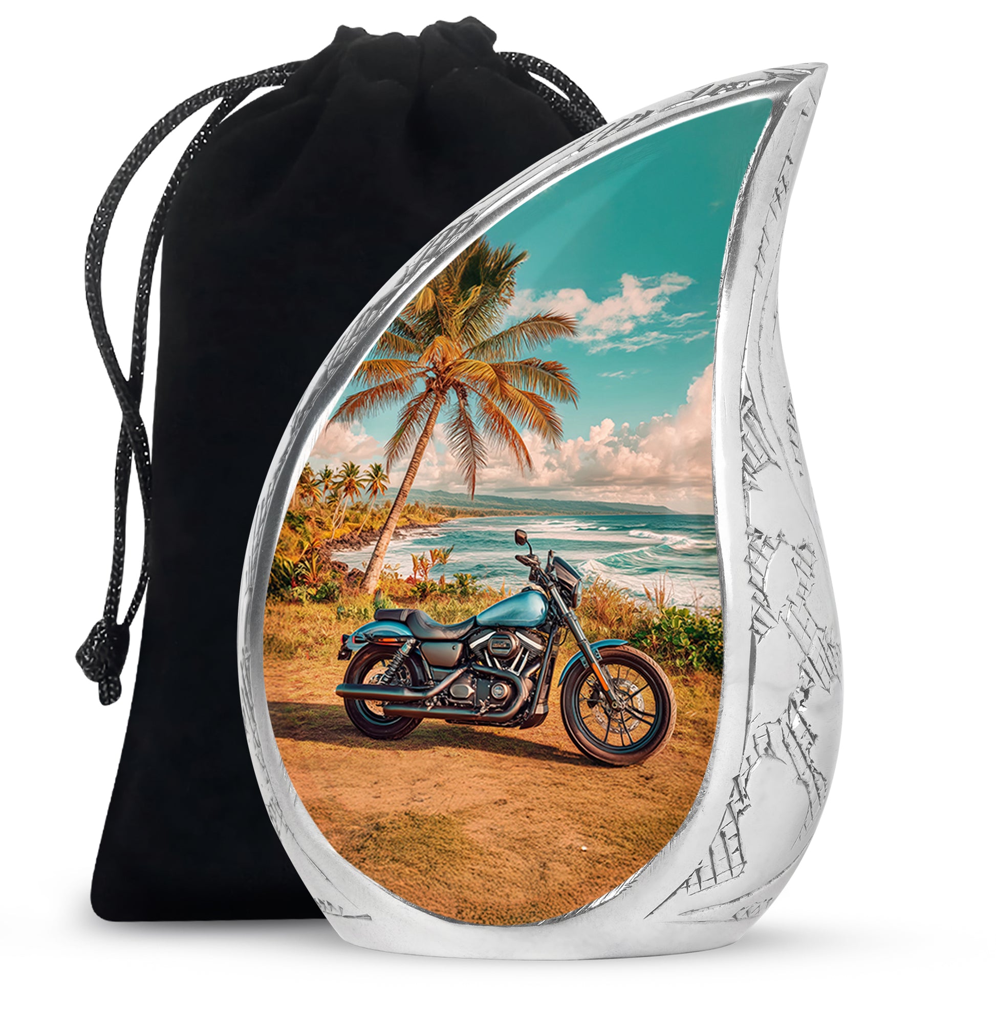 Soft Teal Bike Cremation Urn front view showing detailed design - rounded teardrop bike design with delicate detail - full-size 10 inch 200 cubic inch adult cremation urn