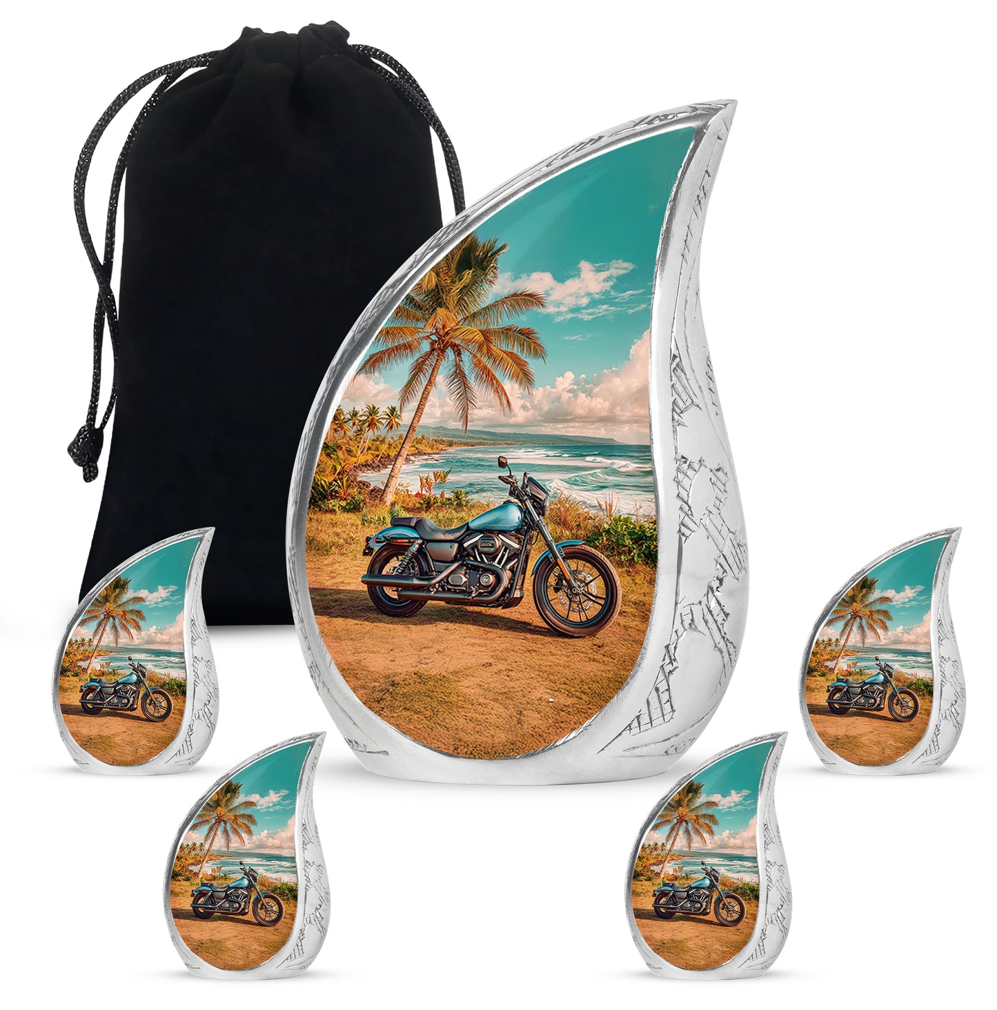 Aqua Teal Bike Cremation Urn side profile showing urn shape - graceful tear-shaped urn with bike motif - memorial set with one large and four small urns