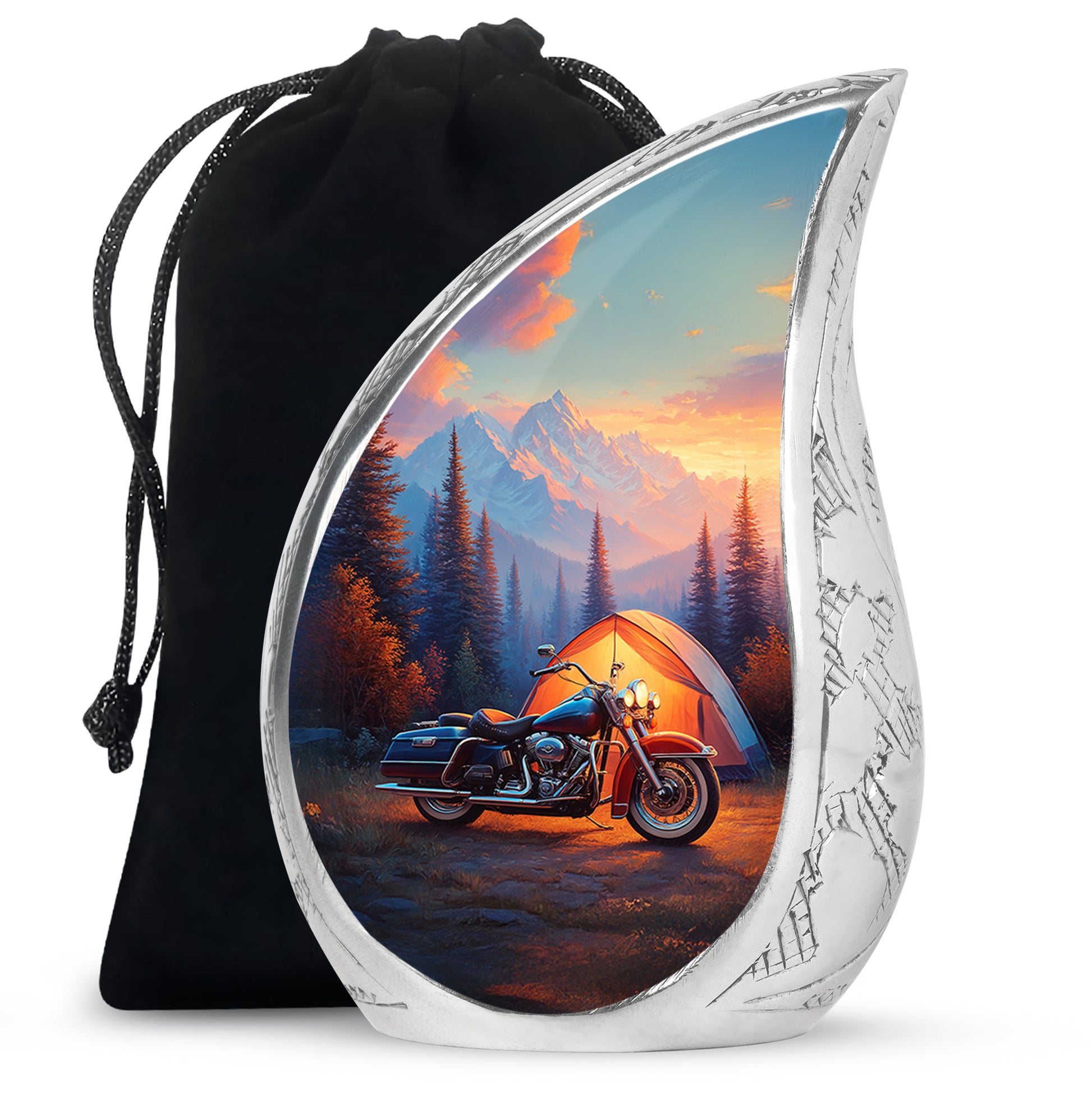 Azure Bike Cremation Urn front view showing detailed design - rounded teardrop bike design with delicate detail - full-size 10 inch 200 cubic inch adult cremation urn