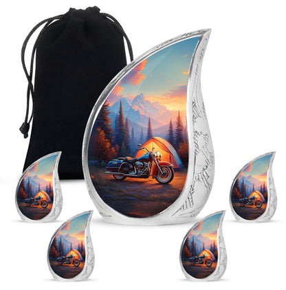 Sky Blue Bike Cremation Urn side profile showing urn shape - flowing teardrop bike silhouette on curved aluminum - memorial set with one large and four small urns