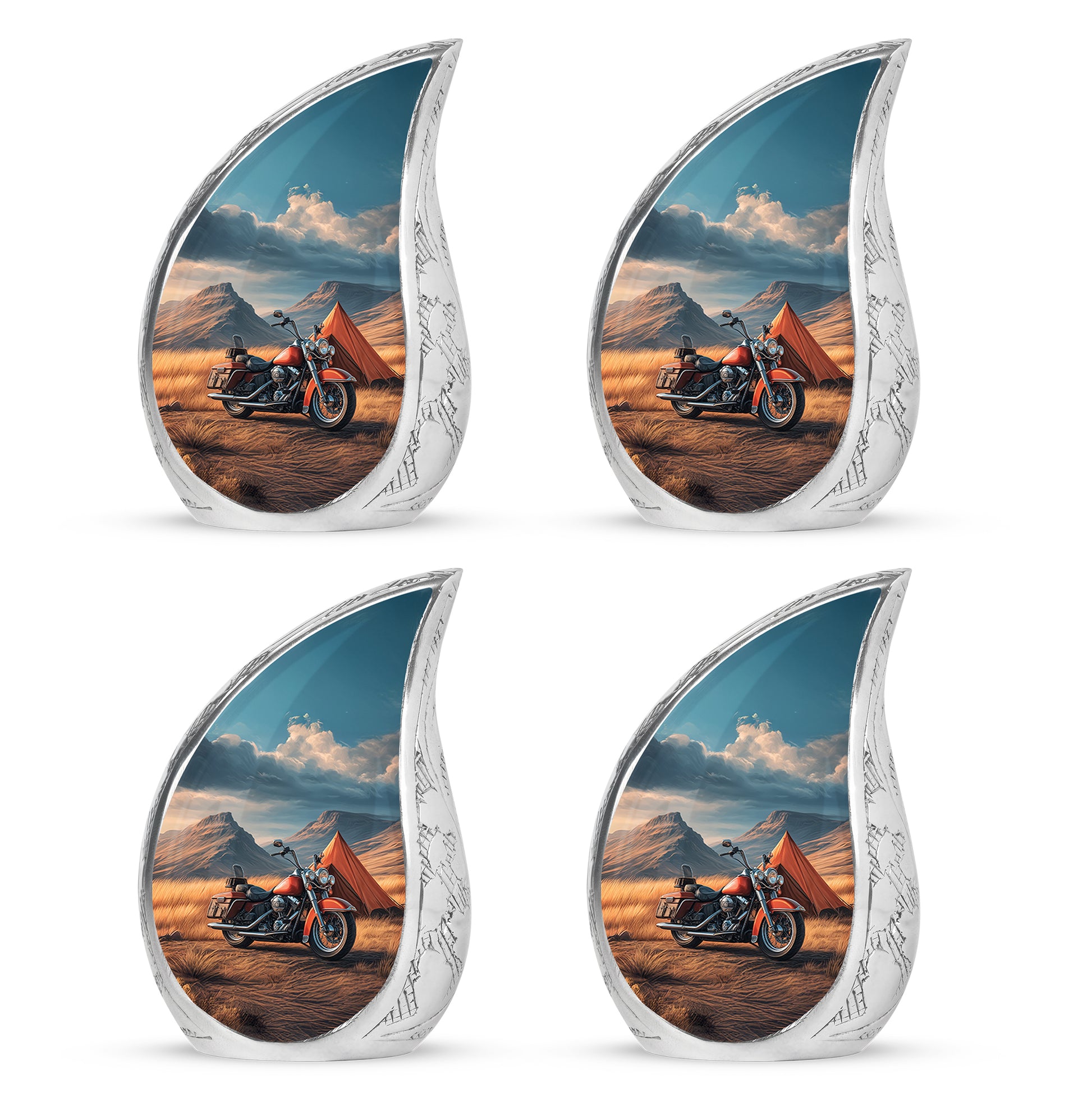 Pastel Blue Bike Cremation Urn close-up of engraving and surface detail - flowing teardrop bike silhouette on curved aluminum - 10 inch aluminum urn for cremated remains