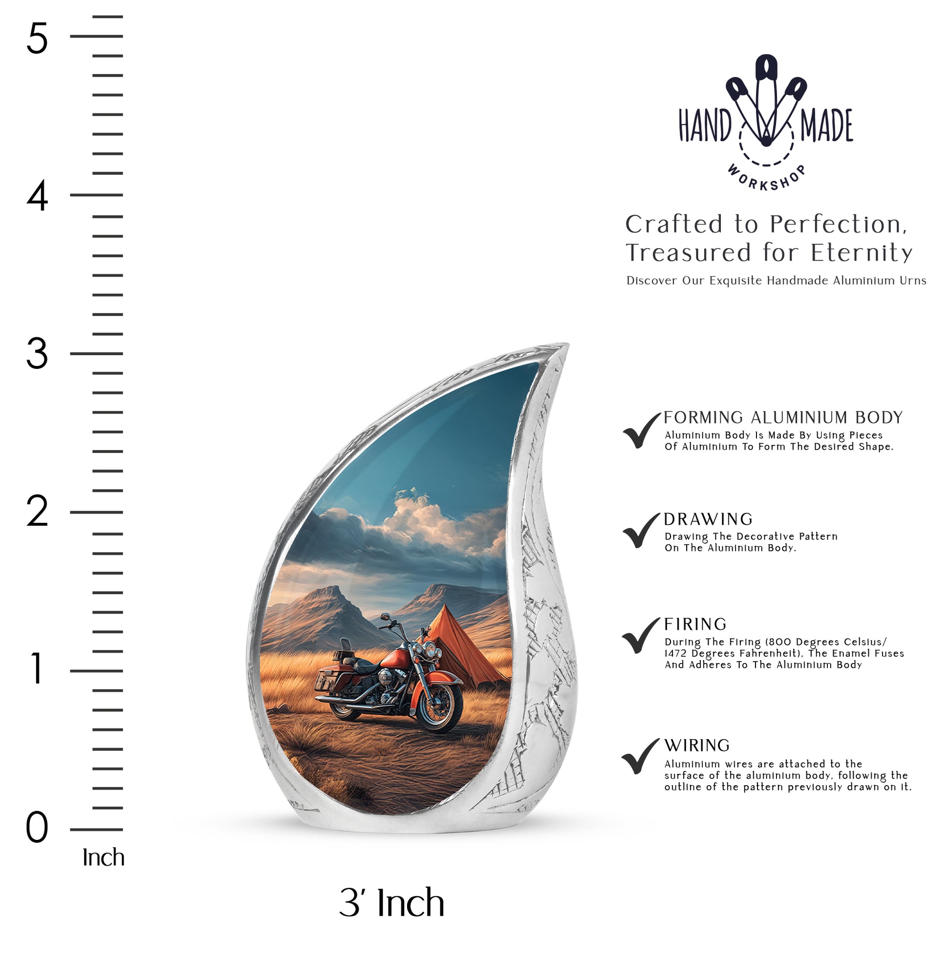 Serene Blue Bike Cremation Urn angled view of lid and engraved motif - graceful tear-shaped urn with bike motif - mini keepsake memorial for portion of cremation ashes