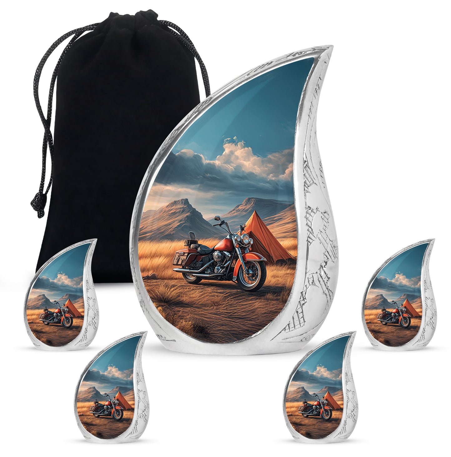 Navy Blue Bike Cremation Urn side profile showing urn shape - rounded teardrop bike design with delicate detail - memorial set with one large and four small urns