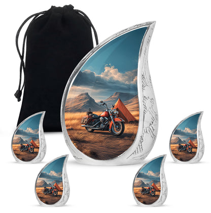 Navy Blue Bike Cremation Urn side profile showing urn shape - rounded teardrop bike design with delicate detail - memorial set with one large and four small urns