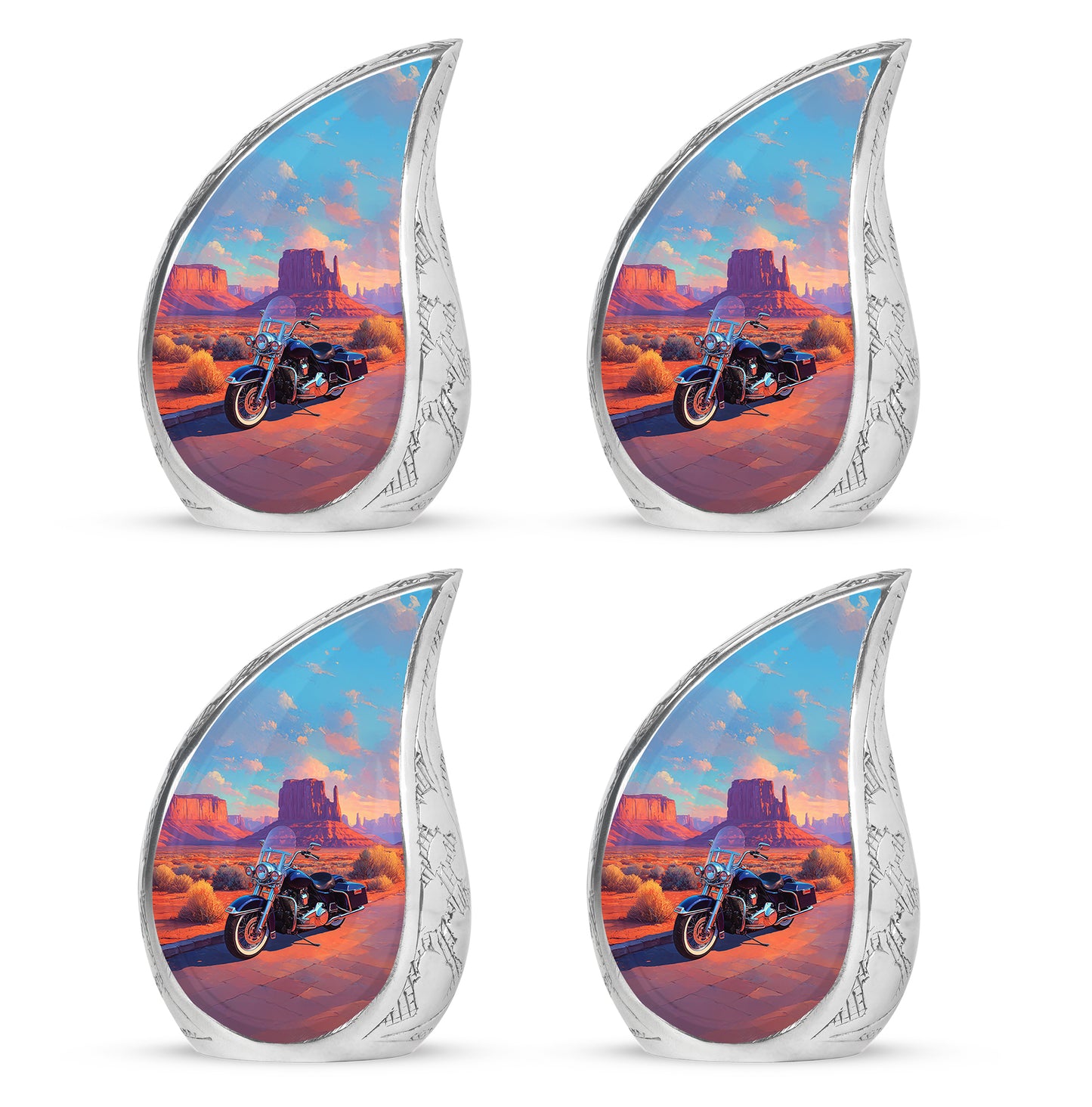 Tropical Teal Bike Cremation Urn close-up of engraving and surface detail - graceful tear-shaped urn with bike motif - 10 inch aluminum urn for cremated remains