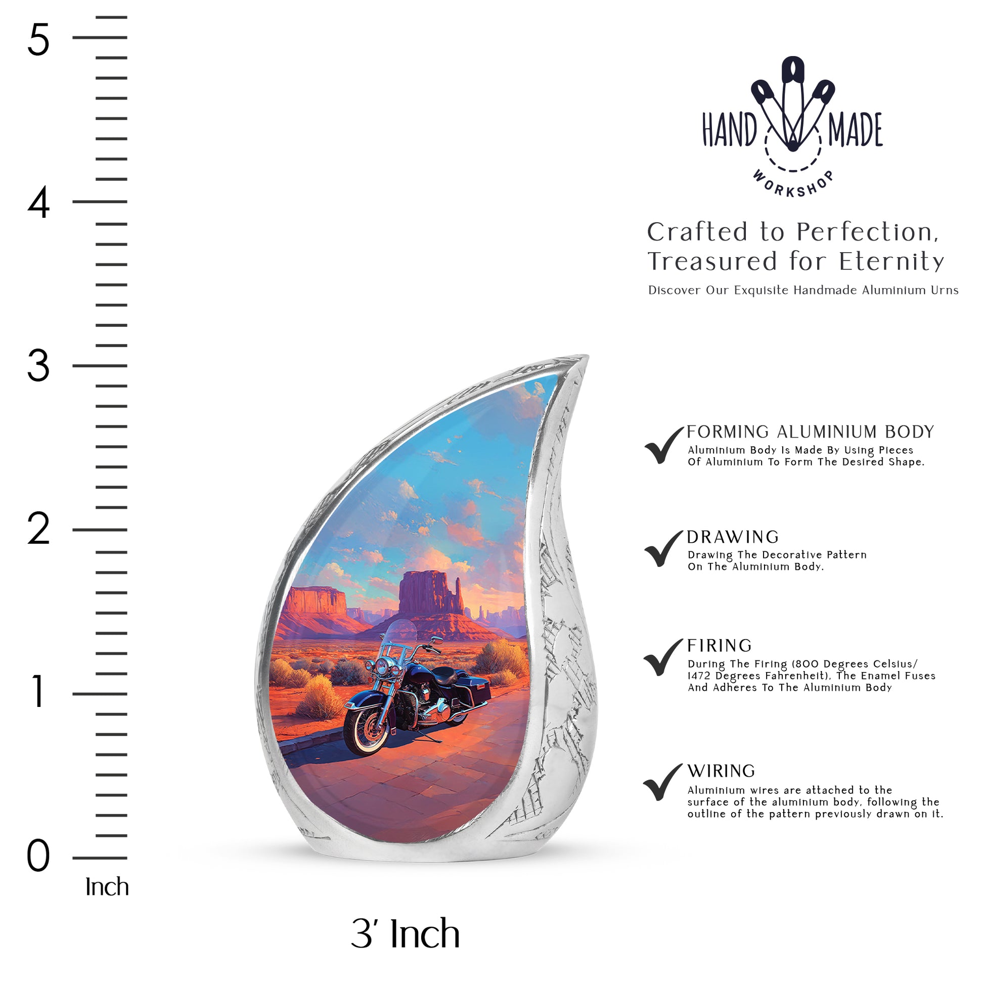 Ocean Teal Bike Cremation Urn angled view of lid and engraved motif - flowing teardrop bike silhouette on curved aluminum - mini keepsake memorial for portion of cremation ashes